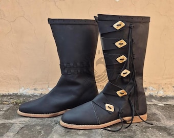 Medieval Renaissance Leather Boots, Pirate Costume Shoes, Tall Men's Viking Jackboots, LARP Cosplay Footwear