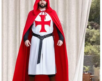 Knight Templar Tunic and Cloak Set | White Crusader Medieval Costume | Breathable Cotton LARP Surcoat | Custom Plus Size Reenactment Gear