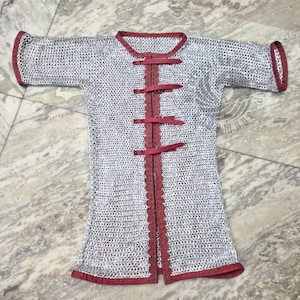 May include: A silver chainmail shirt with red trim and three leather straps down the front. The shirt has short sleeves and a round neckline. The edges of the shirt are also trimmed in red.