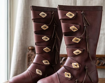 Handmade Viking Leather Boots – Medieval & Renaissance LARP Cosplay Shoes – Long Leather Costume Boots (Brown or Black)