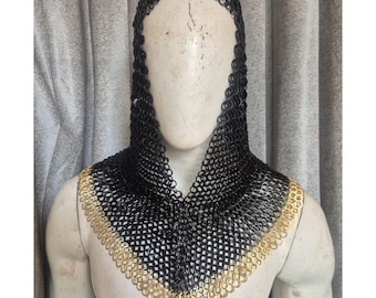 Chainmail Coif  With Brass Trim for SCA, LARP Armor Costume