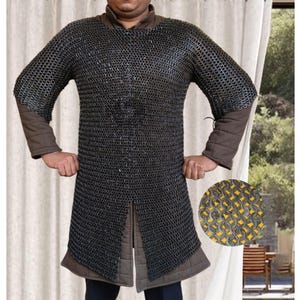 May include: A medieval chainmail shirt with long sleeves and a split front. The shirt is made of small, interlocking metal rings, and is worn over a brown padded undergarment. The sleeves are brown and padded. The shirt is designed for protection.