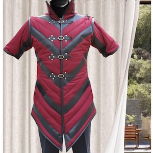 Medieval Gambeson: Black Leather Trim, Half Sleeve Padded Viking Costume