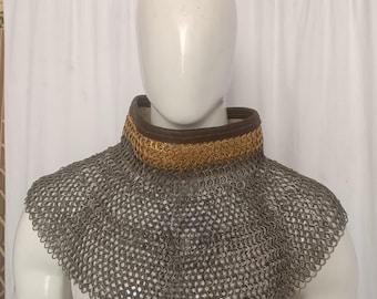 Chainmail Neck Armor Collar – 9mm Flat Riveted Rings With Solid Ring Gorget With Brass – Reenactment Gear