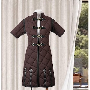 Medieval Padded Cotton Gambeson: Brown Renfaire Costume with Black Leather Trim