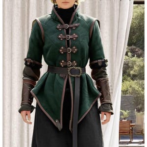 Witcher Gambeson: Medieval Padded Costume with Brown Leather Trim
