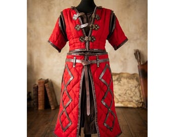 Medieval Gambeson Red With Leather Trim Padded Armor Jacket For LARP, Renfaire Costume