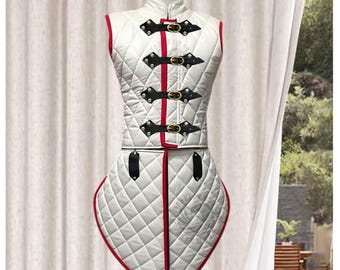 Witcher Gambeson White With Red Trim: Padded Cotton Armor with Skirt