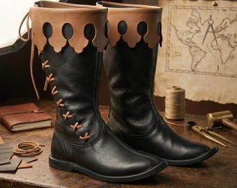 Renaissance Medieval LARP Boots, Viking Pirate Cosplay Footwear, Black Leather Knight Warrior Boots, Ren Faire Costume Shoes