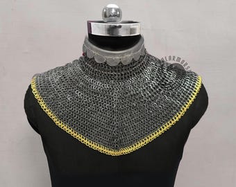 Chainmail Collar With Brass Trim - 6MM Flat Riveted With Solid Ring Medieval Gorget Armor