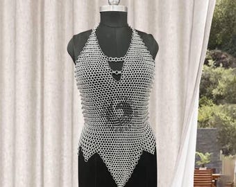 Aluminum Chainmail Halter Top – Silver Festival Rave Armor Crop (10mm 16g)