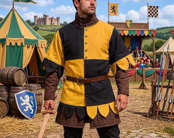 Medieval Cotton Tabard Yellow with Black - Quilted Armor Jacket For Ren Faire