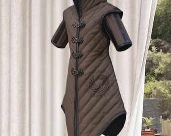 Medieval Gambeson With Black Leather Trim, Gambeson Armor Renfaire Costume, Halloween Gifts