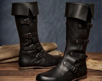 Medieval Renaissance Leather Boots, Long Black Leather Cosplay Shoes