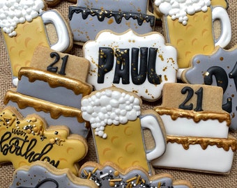 Birthday cookies 1 doz  - with beer mugs, 21st birthday, guy birthday