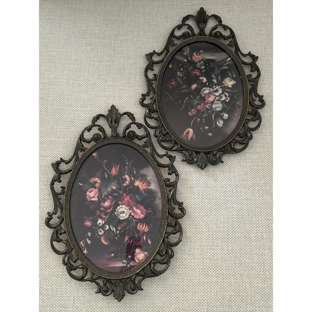 Set of 2 VTG Italian Ornate Oval Metal Frames Floral Prints Wall ...