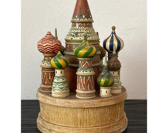 VTG Russian Hand Painted 6" Wooden St Basil's Cathedral Church Russia 1970s READ