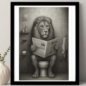 Funny Lion Bathroom Art, Animal on Toilet Print, Quirky Wall Decor, Digital Download for Friends or Kids Bathroom, Black and White Lion