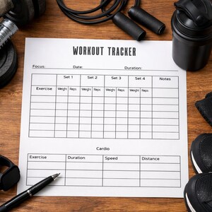Può includere: Un foglio di monitoraggio dell'allenamento, intitolato "WORKOUT TRACKER", è esposto su una superficie di legno. Il foglio include sezioni per esercizi, peso, ripetizioni e dettagli cardio. Sono visibili anche una penna nera, manubri e una borraccia.