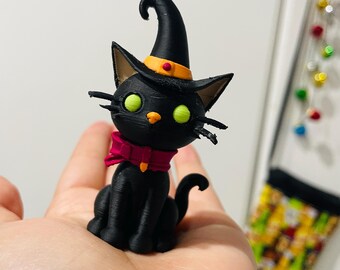 魔女の帽子をかぶった猫の彫刻、ゴシック調の黒猫のデスク装飾