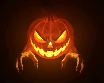 May include: A glowing orange jack-o'-lantern with a menacing expression, featuring sharp, jagged teeth and narrow, angry eyes. Two skeletal, claw-like hands reach forward from the sides of the pumpkin against a dark, black background.