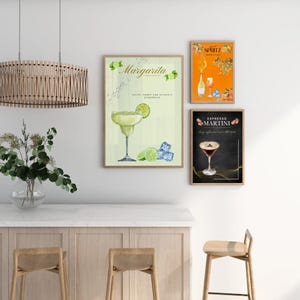 Póster de cócteles de verano: Margarita, Espresso Martini y Aperol Spritz. Arte mural imprimible. Decoración de barra de cocina. Descarga digital.