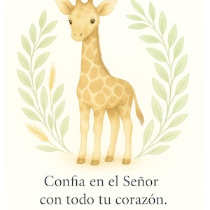 May include: A watercolor illustration of a giraffe with a light brown coat and a long neck. The giraffe is surrounded by a green and yellow wreath. The text "Confia en el Señor con todo tu corazón. Proverbios 3:5" is below the giraffe.
