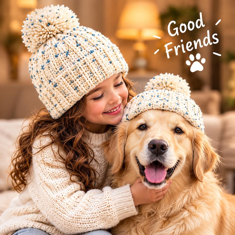Textured crochet beanie pattern showing a detailed cream winter hat with colorful blue and golden accents and a large pom pom, ideal for a crochet winter beanie pattern PDF, textured crochet hat pattern PDF, and handmade crochet project.