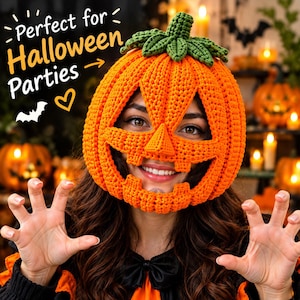 May include: A bright orange crocheted pumpkin hat featuring a green stem and leaf top, with large cutouts for the eyes, nose, and mouth. The text "Perfect for Halloween Parties" is printed in the upper left corner with a heart and bat icon.