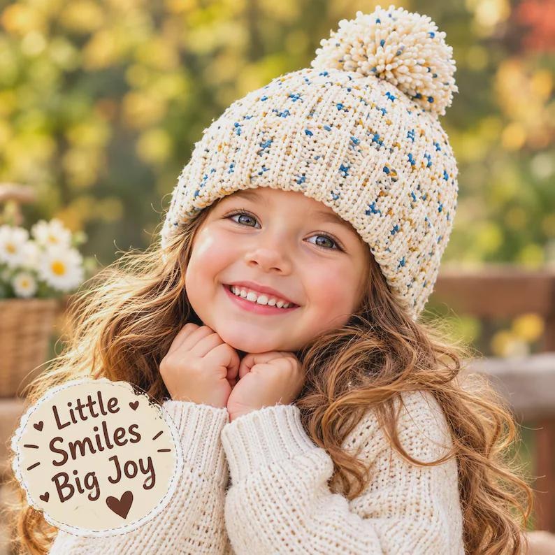 Crochet beanie PDF download pattern featuring a textured crochet winter hat with pom pom, cream base and blue and golden details, designed as a crochet winter hat PDF pattern and crochet beanie pattern with pom pom for DIY handmade projects.