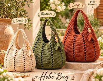 May include: Three crochet hobo bags in small, medium, and large sizes, colored cream, olive green, and burnt orange. Each bag features a vertical ribbed pattern with openwork columns, a single handle, and a decorative wooden bead and leaf charm.