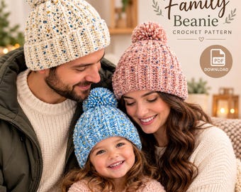 May include: Three crocheted beanies with pom-poms in cream, pink, and blue, each featuring a speckled yarn texture and a ribbed cuff. The text Family Beanie CROCHET PATTERN and a PDF DOWNLOAD icon are visible in the upper right corner of the image.