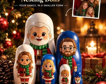 May include: A set of six wooden nesting dolls featuring cartoon-style illustrations of a family and a dog, all wearing festive red and green holiday outfits. The text Custom Family Nesting Dolls and YOUR FAMILY, IN A SMALLER FORM is visible.