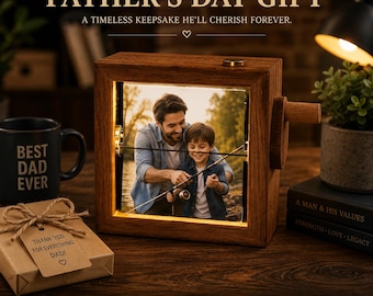 Personalized Father’s Day Photo Flipbook, Custom Wooden Crank Photo Box, Animation Memory Gift for Dad, Unique Keepsake Gift for Him