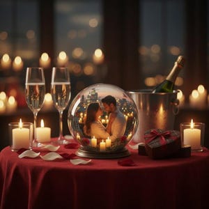 Può includere: Una scena romantica con una tovaglia rossa, calici di champagne e candele accese. Una palla di neve mostra una coppia che si abbraccia, circondata da candele e luci della città. Una bottiglia di champagne è in un secchiello per il ghiaccio, con una scatola regalo a forma di cuore.