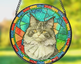 Custom Pet Stained Glass Suncatcher | Handcrafted Cat Portrait Ornament