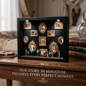 May include: A black framed shadow box displaying miniature framed photos with gold ornate frames. Small figurines stand below the photos. The text reads "OUR STORY. IN MINIATURE. PRESERVE EVERY PERFECT MOMENT." The product is from "MEMORIES MINIATURES."