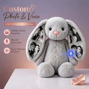 May include: A plush grey rabbit with long ears featuring printed black and white photographs of people. Text reads: Custom Photo & Voice, A Gift That Speaks From the Heart, Hidden Photo Surprise, Record Your Love, Up to 5 Minutes of Voice.