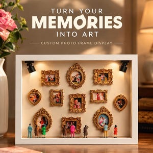 May include: A white rectangular shadow box display case featuring eleven ornate gold-colored frames of various shapes and sizes, each containing a small photograph. The display includes miniature human figurines and two small spotlights.