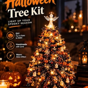 May include: A black artificial Halloween tree kit featuring orange, black, and white ornaments including pumpkins, ghosts, and spider webs. The tree is illuminated with warm lights and topped with a clear angel figure. Text reads Halloween Tree Kit.