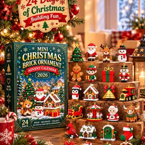 May include: A 2026 Mini Christmas Brick Ornament Advent Calendar box featuring 24 festive building projects. The set includes various small brick-built ornaments like a Santa, reindeer, snowman, gingerbread person, elf, nutcracker, and train.
