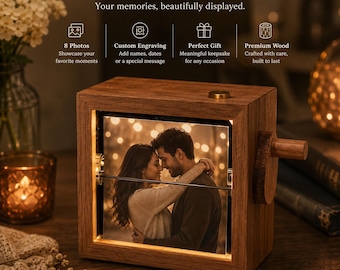 Personalized Flip Book Photo Album | Wooden Hand Crank Moving Picture Frame with Light | Anniversary Gift for Him, Her & Couples