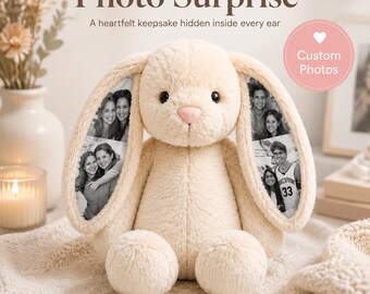 Personalized Photo Bunny Plush, Custom Hidden Ear Photo Bunny, Memory Stuffed Animal, Memorial Keepsake Gift, Custom Plush Bunny