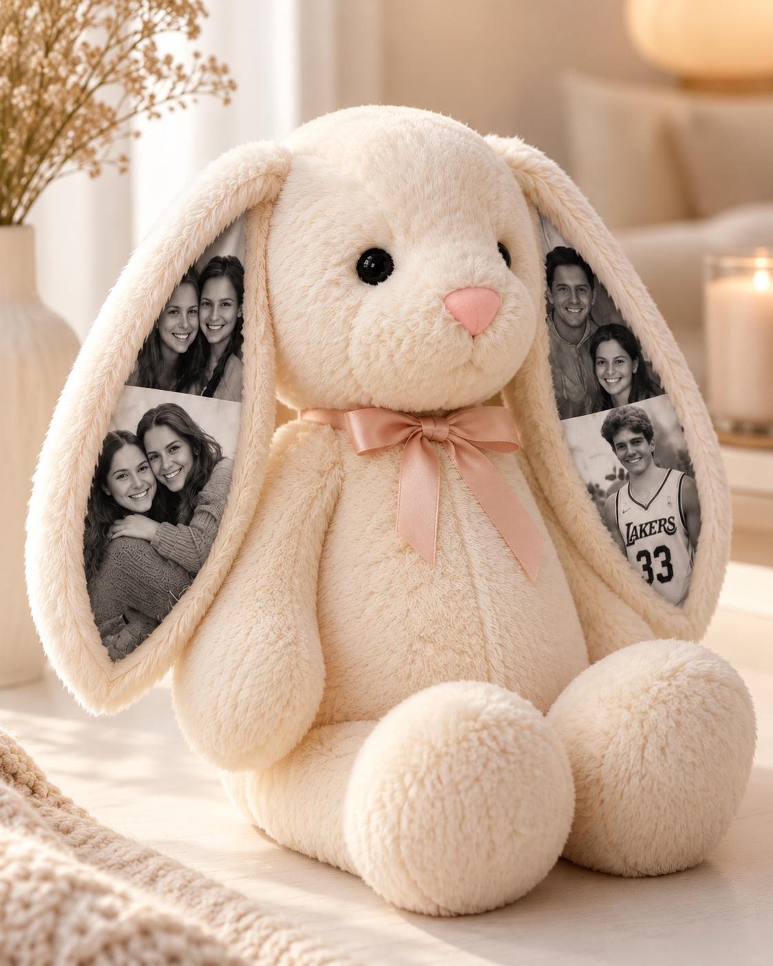 Size Comparison showing 10.2 inch and 15.7 inch bunnies