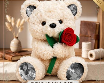 Custom Photo Teddy Bear with Rose, Personalized Hidden Ear Plush with Pictures on Ears and Feet, Anniversary Gift for Girlfriend
