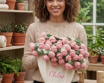 Personalized Crochet Pink Rose Bouquet Blanket, Foldable Floral Throw, Custom Name Keepsake Gift