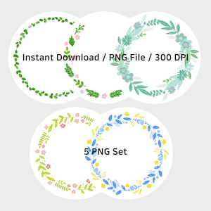 Botanical Wreath Clipart Bundle – 5 Hand-Drawn Floral Circle Frames PNG with Transparent Background