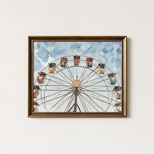 Ferris Wheel Wall Art, Vintage Carnival Print, Fairground Watercolour, Whimsical Sky Scene, Retro Printable Decor, KT Watercolours, P0018