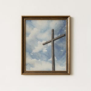 Christian Cross Watercolour Print, Rustic Faith Wall Art, Religious Sky Scene Artwork, Digital Download, KT Watercolours, P0054