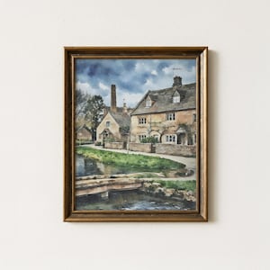 Art mural village des Cotswolds, impression de chalet de campagne, peinture de paysage anglais rustique, décoration d&#39;intérieur, imprimable, aquarelles KT, P0087
